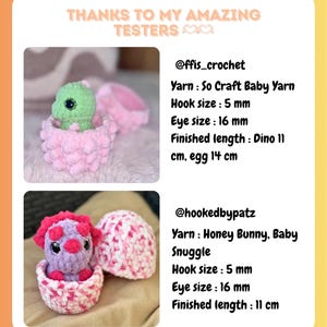 May include: Two handmade crochet dinosaur toys, one green and one purple, each nestled in a pink and white crochet egg. The text "THANKS TO MY AMAZING TESTERS" is at the top of the image.