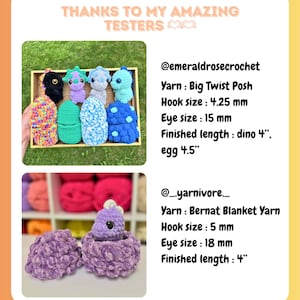May include: The image showcases a collection of handmade crochet items. The top section features colorful dinosaur and egg-shaped creations. The bottom section displays a purple crochet creature. The text reads "THANKS TO MY AMAZING TESTERS."