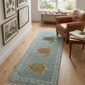 Sea Turtle Runner Rug, Hand Tufted Wool Runner, Coastal Hallway Rug, Ocean Turtle Carpet, Beach House Decor, Custom Runner Rug