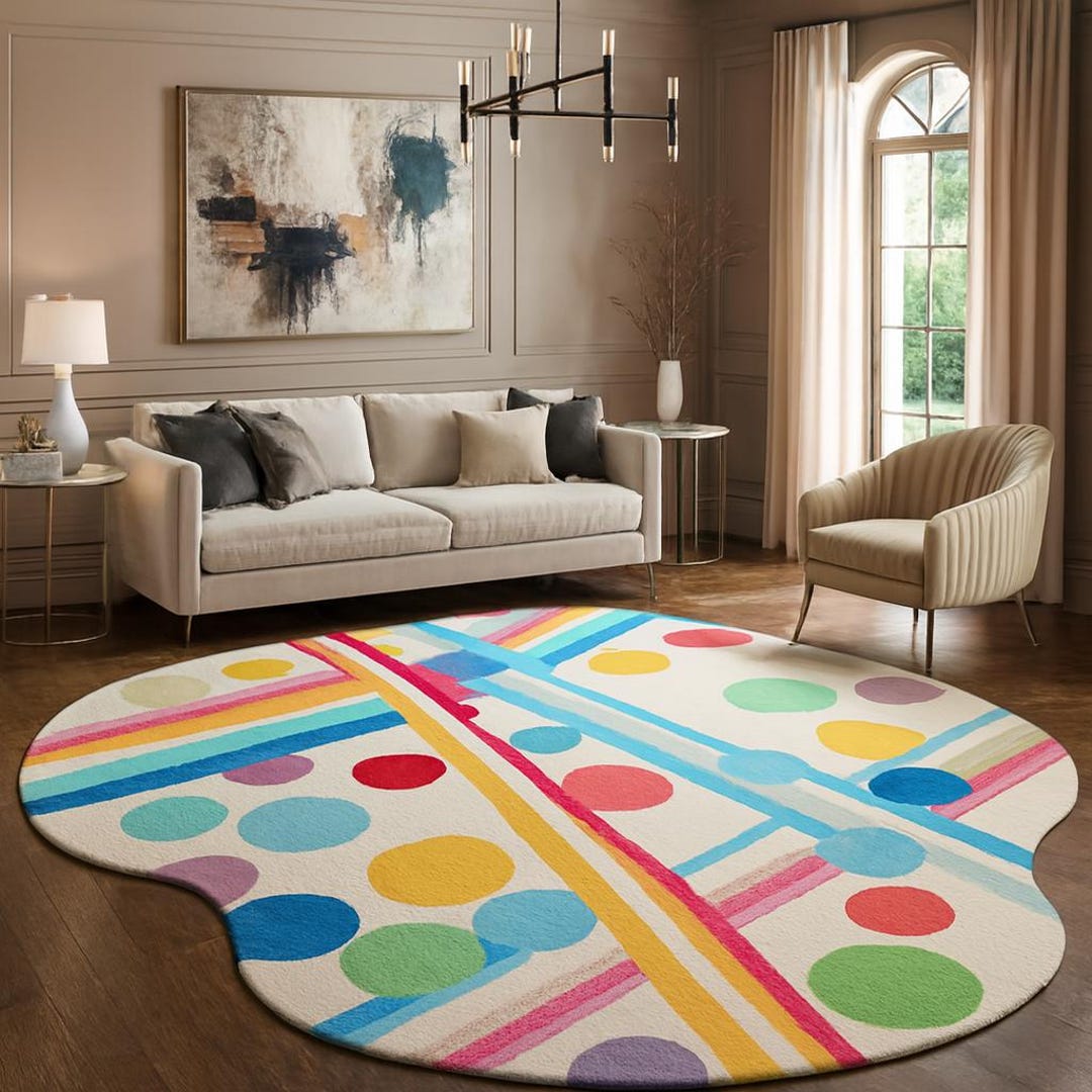 Wool Rainbow Rug Handmade Tufted Wool Rug – Modern Rainbow Dots & Lines Carpet - Etsy