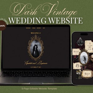 Könnte beinhalten: Ein Laptop und ein Smartphone mit einer dunklen Vintage-Hochzeits-Website-Vorlage. Der Bildschirm zeigt einen verzierten Goldrahmen mit einer Paarsilhouette, den Text Dark Vintage WEDDING WEBSITE und 5-Page Editable Website Template.
