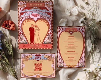 Conjunto de invitaciones de boda con temática de carnaval retro / Conjunto de invitaciones de boda vintage dibujadas a mano con diseño de túnel del amor / Plantilla de invitación de boda retro kitsch