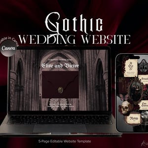 May include: A laptop and smartphone display a gothic wedding website template. The laptop screen shows a dark church interior with a burgundy envelope. The smartphone features a skull, ornate frames, and the date "31 Oct 27". Text includes "Gothic WEDDING WEBSITE".