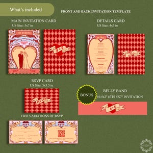 Tunnel of Love inspired vintage circus wedding invitation suite mockup: 5x7 main invitation with bride, groom, swans, and heart-shaped archway design; 4x6 details card; 5x3.5 RSVP card in two variations with QR code option; red diamond harlequin pattern backs with S+G heart monogram; bonus 10.5x2 belly band. Whimsical retro carnival-style editable printable wedding stationery template set by Krist Lunaire Co.
