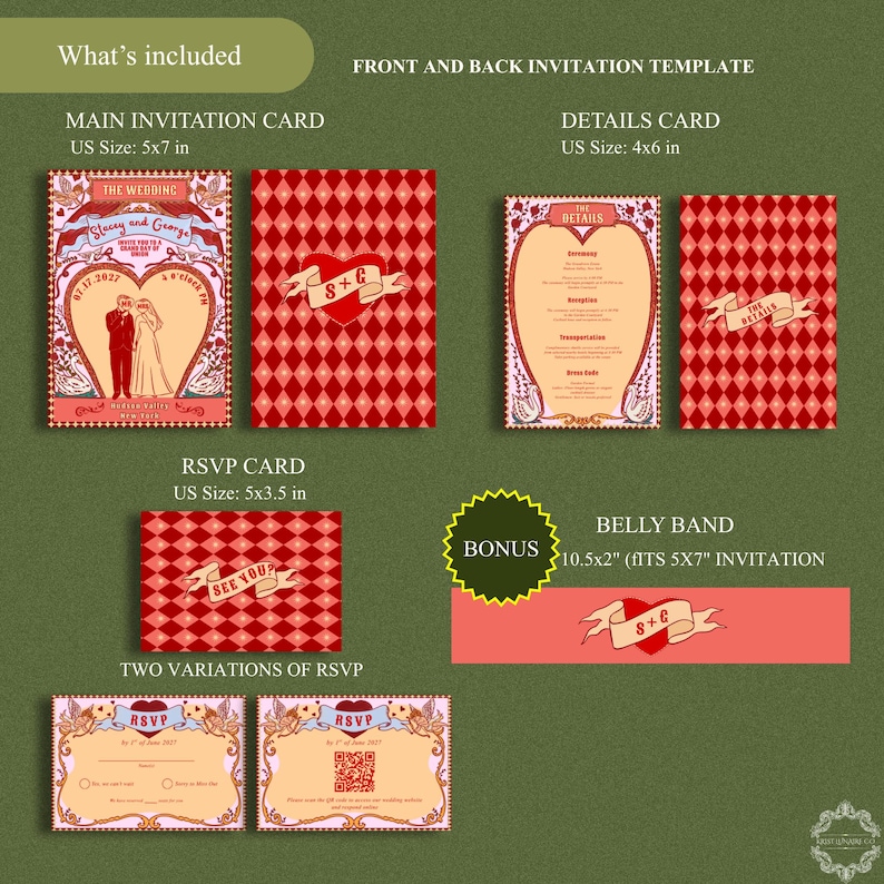 Tunnel of Love inspired vintage circus wedding invitation suite mockup: 5x7 main invitation with bride, groom, swans, and heart-shaped archway design; 4x6 details card; 5x3.5 RSVP card in two variations with QR code option; red diamond harlequin pattern backs with S+G heart monogram; bonus 10.5x2 belly band. Whimsical retro carnival-style editable printable wedding stationery template set by Krist Lunaire Co.