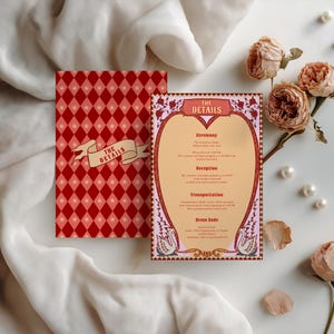 Tunnel of Love inspired vintage circus wedding invitation suite mockup: 5x7 main invitation with bride, groom, swans, and heart-shaped archway design; 4x6 details card; 5x3.5 RSVP card in two variations with QR code option; red diamond harlequin pattern backs with S+G heart monogram; bonus 10.5x2 belly band. Whimsical retro carnival-style editable printable wedding stationery template set by Krist Lunaire Co.