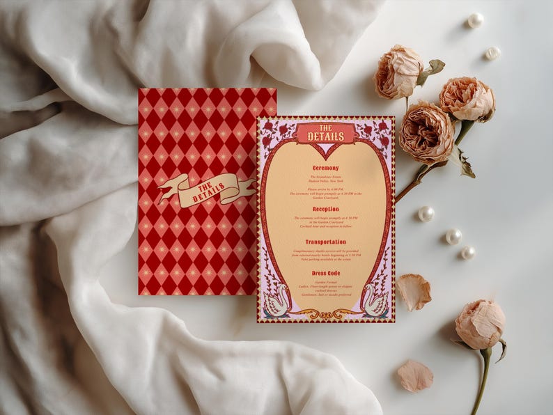 Tunnel of Love inspired vintage circus wedding invitation suite mockup: 5x7 main invitation with bride, groom, swans, and heart-shaped archway design; 4x6 details card; 5x3.5 RSVP card in two variations with QR code option; red diamond harlequin pattern backs with S+G heart monogram; bonus 10.5x2 belly band. Whimsical retro carnival-style editable printable wedding stationery template set by Krist Lunaire Co.