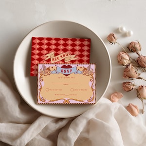 Tunnel of Love inspired vintage circus wedding invitation suite mockup: 5x7 main invitation with bride, groom, swans, and heart-shaped archway design; 4x6 details card; 5x3.5 RSVP card in two variations with QR code option; red diamond harlequin pattern backs with S+G heart monogram; bonus 10.5x2 belly band. Whimsical retro carnival-style editable printable wedding stationery template set by Krist Lunaire Co.