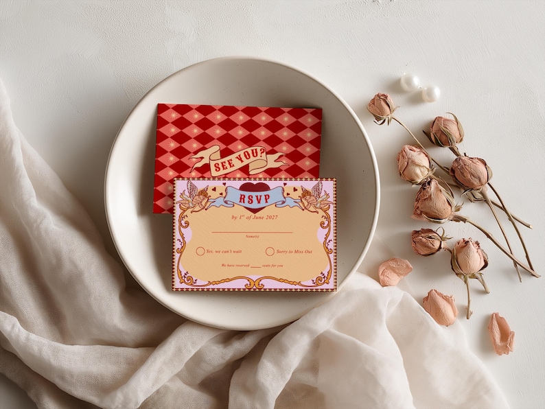 Tunnel of Love inspired vintage circus wedding invitation suite mockup: 5x7 main invitation with bride, groom, swans, and heart-shaped archway design; 4x6 details card; 5x3.5 RSVP card in two variations with QR code option; red diamond harlequin pattern backs with S+G heart monogram; bonus 10.5x2 belly band. Whimsical retro carnival-style editable printable wedding stationery template set by Krist Lunaire Co.