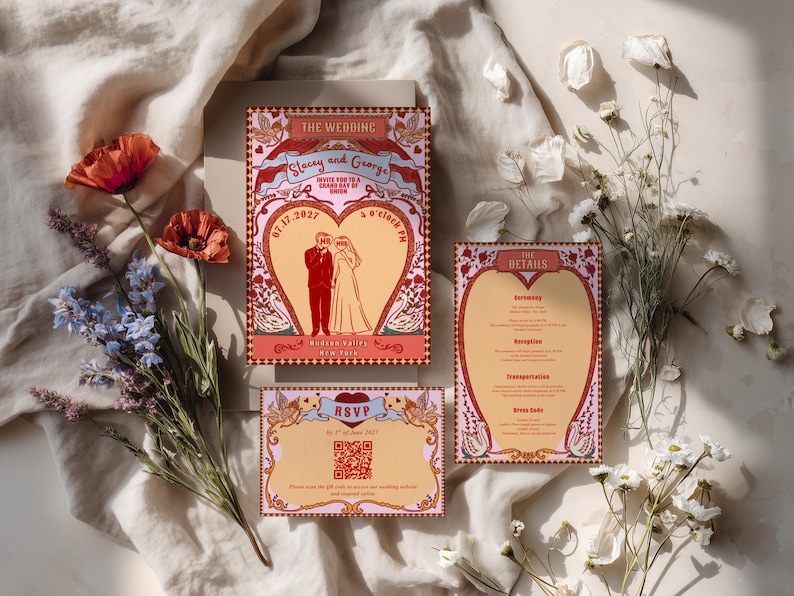 Tunnel of Love inspired vintage circus wedding invitation suite mockup: 5x7 main invitation with bride, groom, swans, and heart-shaped archway design; 4x6 details card; 5x3.5 RSVP card in two variations with QR code option; red diamond harlequin pattern backs with S+G heart monogram; bonus 10.5x2 belly band. Whimsical retro carnival-style editable printable wedding stationery template set by Krist Lunaire Co.