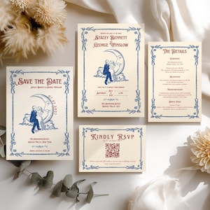 May include: A set of four cream-coloured wedding stationery cards featuring blue floral borders and red text. The designs include a Save the Date, a wedding invitation, a details card, and an RSVP card with a QR code, all depicting a couple on a moon.