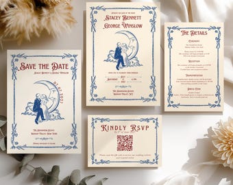 May include: A wedding stationery set on cream paper featuring blue floral borders and red text. Includes a Save the Date, invitation, details card, and RSVP card with a QR code. Each piece depicts a couple sitting on a crescent moon.