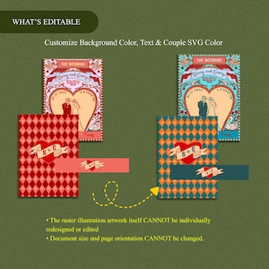 Tunnel of Love inspired vintage circus wedding invitation suite mockup: 5x7 main invitation with bride, groom, swans, and heart-shaped archway design; 4x6 details card; 5x3.5 RSVP card in two variations with QR code option; red diamond harlequin pattern backs with S+G heart monogram; bonus 10.5x2 belly band. Whimsical retro carnival-style editable printable wedding stationery template set by Krist Lunaire Co.