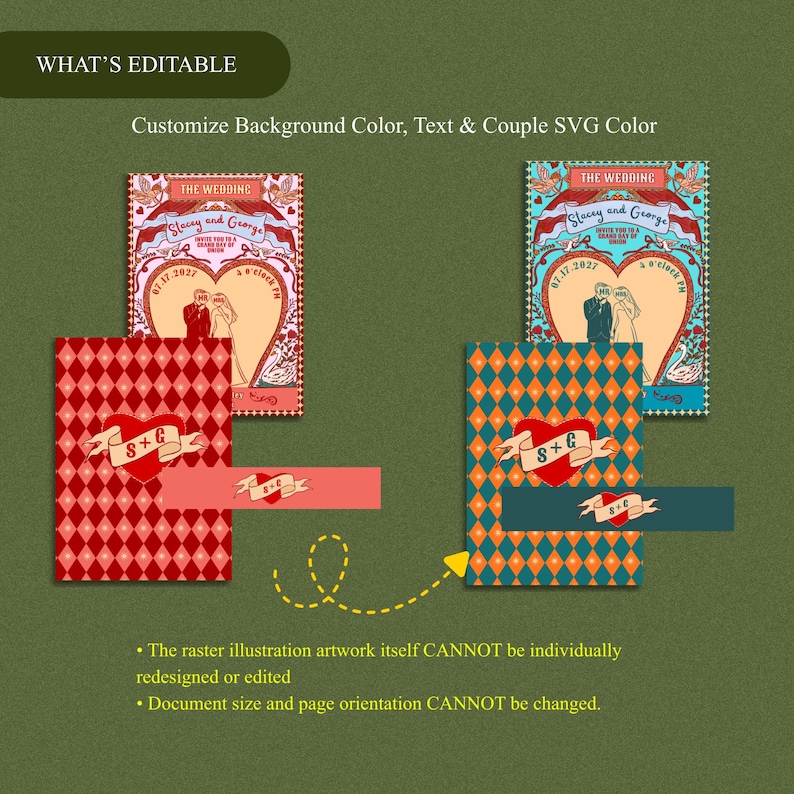 Tunnel of Love inspired vintage circus wedding invitation suite mockup: 5x7 main invitation with bride, groom, swans, and heart-shaped archway design; 4x6 details card; 5x3.5 RSVP card in two variations with QR code option; red diamond harlequin pattern backs with S+G heart monogram; bonus 10.5x2 belly band. Whimsical retro carnival-style editable printable wedding stationery template set by Krist Lunaire Co.