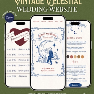 Vintage Celestial Wedding Website | Moon and Stars Digital Invitation | Hand Drawn Retro Website Template with Countdown Timer RSVP Music