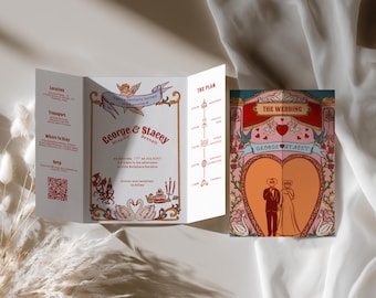 May include: A tri-fold wedding invitation card featuring a colourful illustration of a couple with heart-shaped heads, swans, and cherubs. The text includes "George & Stacey," "The Wedding," and "The Plan," with details on location, transport, and RSVP.