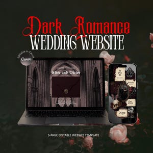 Puede incluir: Una plantilla de sitio web de bodas digital mostrada en una pantalla de portátil y teléfono inteligente. El diseño presenta una estética gótica oscura con el texto Dark Romance WEDDING WEBSITE, Elise and Victor y 5-PAGE EDITABLE WEBSITE TEMPLATE.
