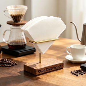 Può includere: Un portafiltri per caffè con base rettangolare in legno e la scritta Stay Caffeinated incisa sul davanti. Un'asta verticale in metallo dorato sostiene una barra orizzontale dorata che mantiene una pila di filtri per caffè in carta bianca.