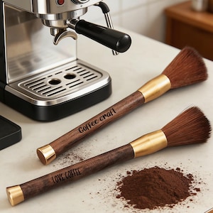 May include: Two coffee brushes with dark wooden handles and gold accents, one with "Coffee craft" and the other with "LOVE COFFEE" etched on the handle. A pile of coffee grounds sits nearby. A stainless steel espresso machine is in the background.