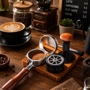 May include: A wooden espresso station organiser featuring a portafilter with a wooden handle, a black coffee distributor with a silver star-shaped base, and a black tamper with a wooden top. The base is engraved with the text Ola & Jens.
