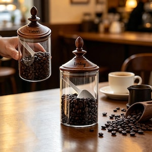 Könnte beinhalten: Zwei Vorratsgläser aus klarem Glas mit dunkelbraunen Holzdeckeln und spitzem Knauf. Ein Deckel ist mit dem Namen Calvin graviert, der andere mit Lesley. Jedes Glas enthält dunkle Kaffeebohnen und einen weißen Löffel im Inneren des Gefäßes.