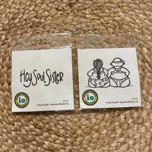 May include: Two clear plastic packages containing white cards with black ink designs. One card reads "Hey Soul Sister" in cursive. The other card features a cartoon illustration of two figures in swimsuits. Both cards have a green logo.