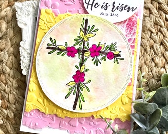 He is risen Card, Mark 16:6 Card, Christian Easter Card, Floral Cross Easter Card, He is risen Mark 16 6 Easter Card, Easter Card with Cross