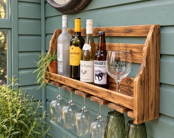Reclaimed Timber Wine Gin Bar – Wall Mounted, Stem Glass Holder – Rustic Farmhouse Décor
