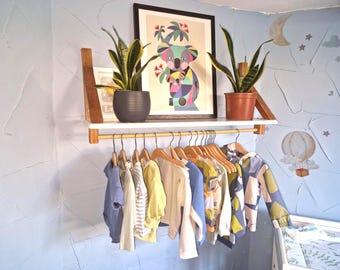 Reclaimed Wood Kids Shelf with Hanging Rail | Rustic Playroom Storage | Custom Sizes & Colours | Handmade Nursery Clothes Rail