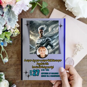 Convite de aniversário de super-herói | Modelo digital Canva | Convite para festa infantil editável | Cartão de aniversário do herói da tempestade SP5