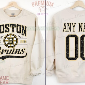 Gepersonaliseerd Boston Bruins-sweatshirt, Boston Bruins-ronde hals, Boston Hockeyshirt, aangepast hockeyshirt, shirt hockeynummer