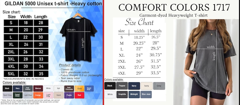 May include: Black Gildan 5000 unisex t-shirt displayed on a hanger, with a size chart showing measurements in inches. The chart includes sizes S to 5XL. A Comfort Colors 1717 garment-dyed heavyweight t-shirt is also shown with a size chart.