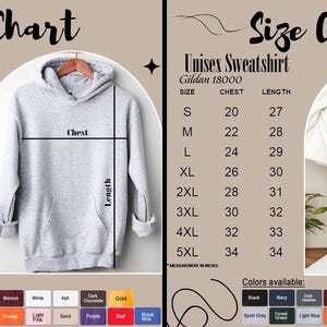 K&ouml;nnte beinhalten: Gr&ouml;&szlig;entabellen f&uuml;r Unisex-Hoodies und -Sweatshirts. Der Hoodie ist hellgrau und das Sweatshirt ist wei&szlig;. Die Ma&szlig;e sind in Zoll f&uuml;r Brust und L&auml;nge, mit Gr&ouml;&szlig;en von S bis 5XL. Verf&uuml;gbare Farben sind Schwarz, Marine, Dunkelgrau, Bordeaux, Wei&szlig;, Asch und Gold.