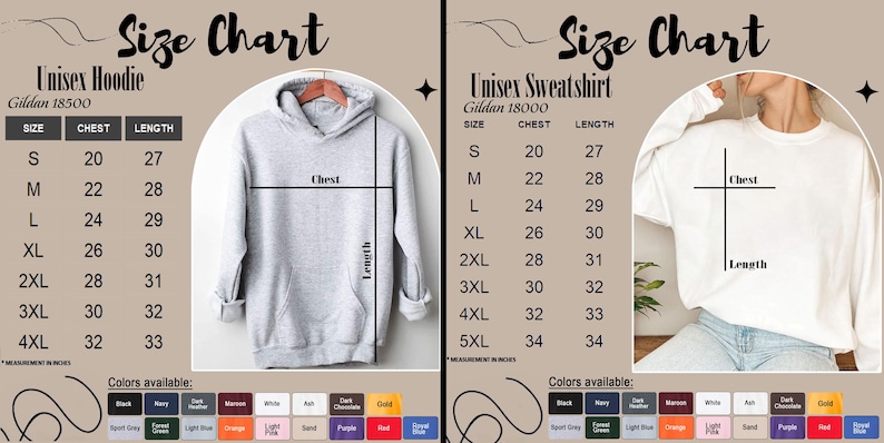 K&ouml;nnte beinhalten: Gr&ouml;&szlig;entabellen f&uuml;r Unisex-Hoodies und -Sweatshirts. Der Hoodie ist hellgrau und das Sweatshirt ist wei&szlig;. Die Ma&szlig;e sind in Zoll f&uuml;r Brust und L&auml;nge, mit Gr&ouml;&szlig;en von S bis 5XL. Verf&uuml;gbare Farben sind Schwarz, Marine, Dunkelgrau, Bordeaux, Wei&szlig;, Asch und Gold.