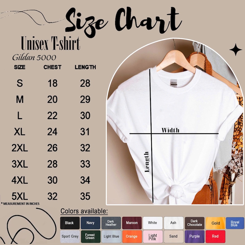 K&ouml;nnte beinhalten: Ein wei&szlig;es Unisex-T-Shirt mit Gr&ouml;&szlig;entabelle und Farbauswahl. Die Gr&ouml;&szlig;entabelle zeigt Brust- und L&auml;ngenma&szlig;e in Zoll f&uuml;r die Gr&ouml;&szlig;en S bis 5XL. Verf&uuml;gbare Farben sind Schwarz, Marineblau und Orange.