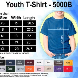 K&ouml;nnte beinhalten: Ein blaues Jugend-T-Shirt mit einer Gr&ouml;&szlig;entabelle mit Ma&szlig;en in Zoll. Verf&uuml;gbare Farben sind Schwarz, Marine, Dunkelgrau, Burgunderrot, Wei&szlig;, Aschgrau, Dunkelbraun, Gold, Sportgrau, Waldgr&uuml;n, Hellblau, Orange, Hellrosa, Sand, Lila und Rot.