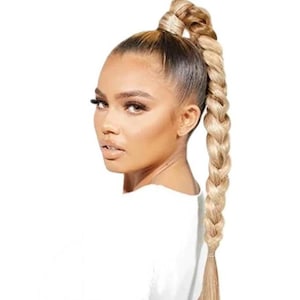 May include: A blonde braided ponytail hair extension. The hair is long and thick, and the braid is neatly done. The hair extension is a light blonde color.