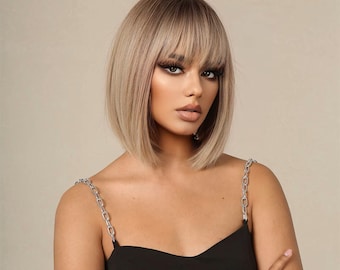 Peluca corta ombré: pelo sintético resistente al calor con flequillo