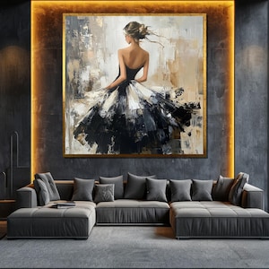 Elegant Woman in Black and White Dress Canvas Painting Modern Abstract Wall Art Luxury Home Décor Gift