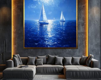 Barcos à vela no oceano azul Pintura em tela Arte de parede náutica para decoração de casa e presente para amantes do oceano