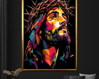 Bunte Jesus Dornenkrone Leinwand Gemälde, moderne religiöse Wandkunst, mutiges christliches Kunstwerk, einzigartiges Hauptgeschenk