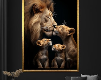 Lion Family Canvas Painting Heartwarming Wildlife Wall Art Majestic Animal Decor Unique Gift for Nature Lovers