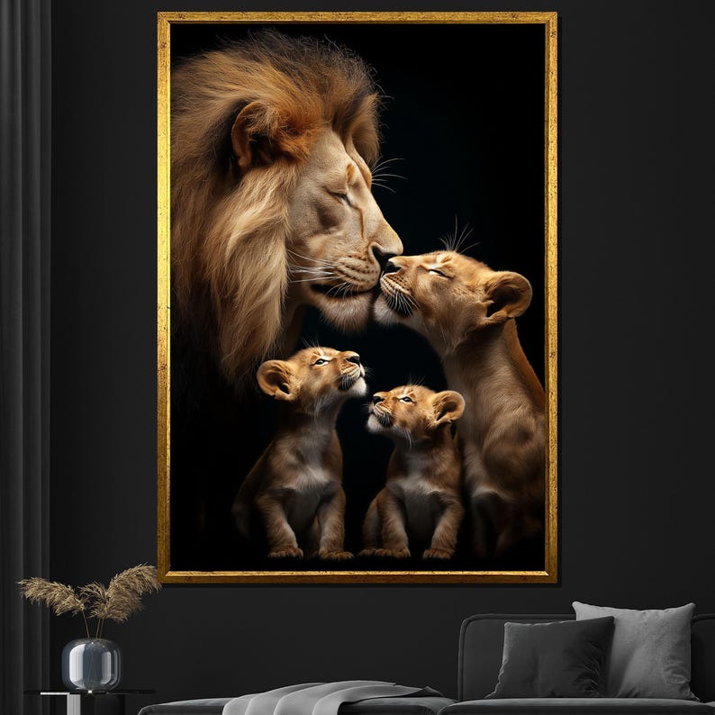 Lion Family Canvas Painting Heartwarming Wildlife Wall Art Majestic Animal Decor Unique Gift for Nature Lovers image 1