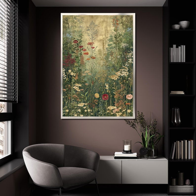 May include: A framed floral print featuring a vibrant meadow scene with a variety of wildflowers in shades of red, yellow, and white. The artwork is set against a golden background, creating a warm and inviting aesthetic. The print is displayed in a modern living room setting.