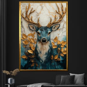 Golden Deer Canvas Painting Luxury Wall Art with Marble and Gold Details Elegant Home Decor Perfect Gift for Art Lovers