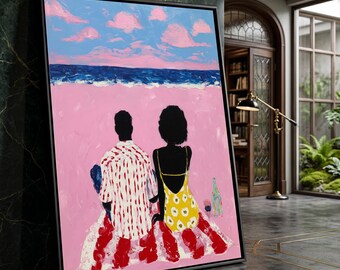 Couple Sitting Beach Scene Canvas, Pink Sky and Ocean Wall Art, Summer Romance Canvas, Modern Coastal Decor, Relaxing Seascape Painting