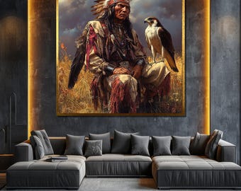 Dipinto su tela con capo nativo americano, arte murale tribale con falco, decorazione western, regalo unico per il soggiorno