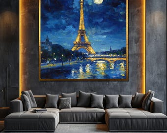 Pintura en lienzo de la Torre Eiffel de París, arte mural con cielo nocturno, obra de arte de paisaje urbano romántico, regalo de decoración del hogar parisino