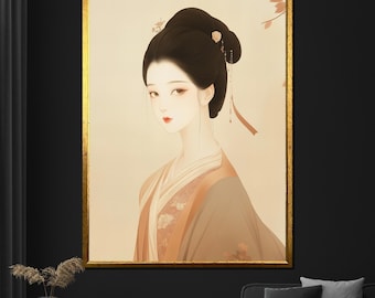 Dipinto su tela Geisha minimalista, morbida arte murale giapponese, elegante regalo di ispirazione asiatica per l'arredamento della casa
