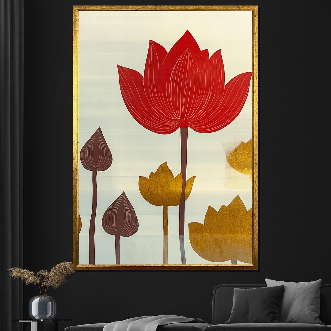 Red and Gold Lotus Canvas Painting Modern Abstract Wall Art for Living ...